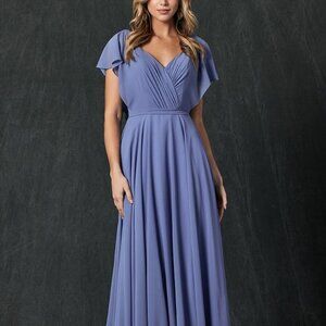 SLATE BLUE V-Neck SHORT Sleeve CHIFFON PARTY FORMAL Evening LONG MAXI Dress 261